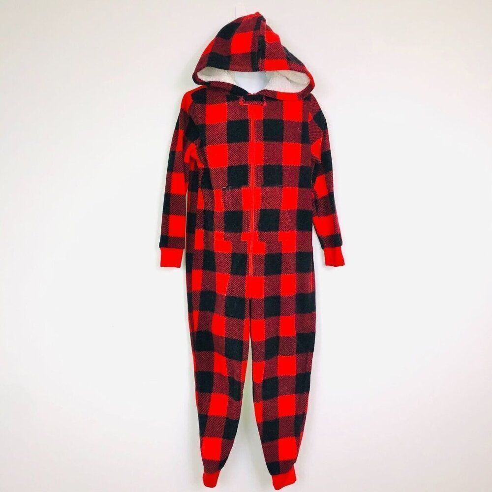 Gymboree Girls 5-6 Pajamas Red Buffalo Plaid Winter One Piece Open Foot Hooded